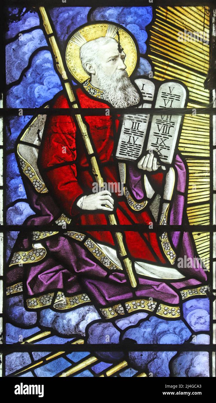 Detail of a stained glass window by Burlison & Grylls depicting Moses at the Transfiguration of Christ, St Mary's Church, Snettisham, Norfolk Stock Photo