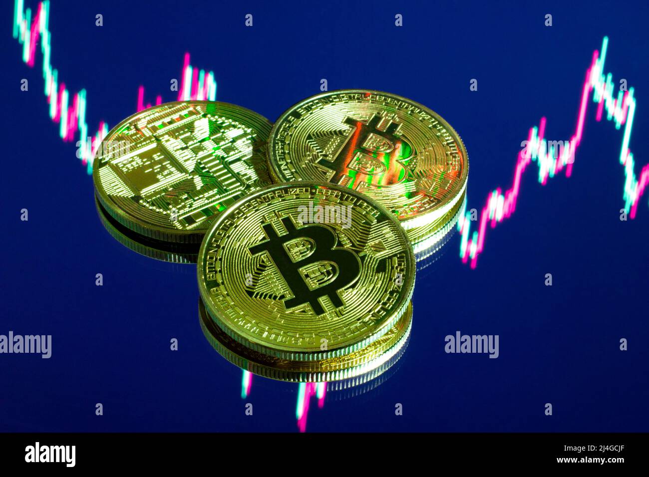 Golden bitcoin reflections isolated on the mirror with a digital stock  market chart. crypto currency BTC golden bitcoin selective focus close up  Stock Photo - Alamy