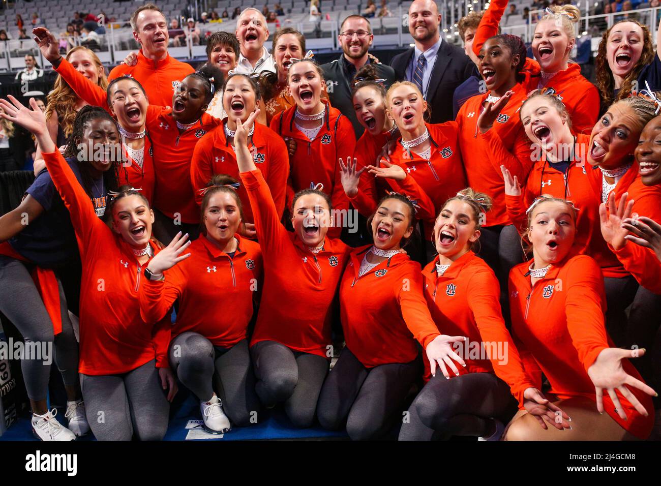 April 14, 2022 The Auburn women's gymnastics team celebrates advancing
