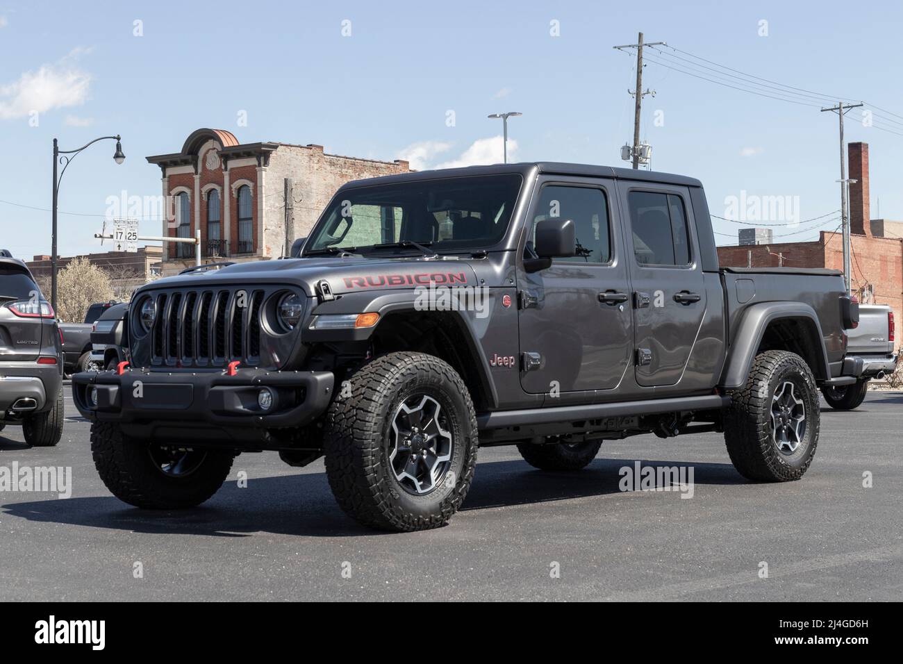 Logansport - Circa April 2022: Jeep Gladiator display at a Stellantis dealer. The Jeep Gladiator models include the Sport, Willys, Rubicon and Mojave. Stock Photo