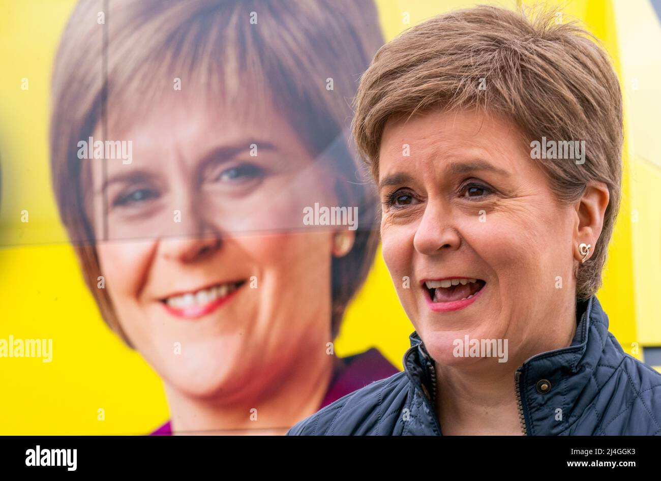 First Minister Nicola Sturgeon at Dundee Law in Dundee, during local election campaigning. Picture date: Friday April 15, 2022. Stock Photo
