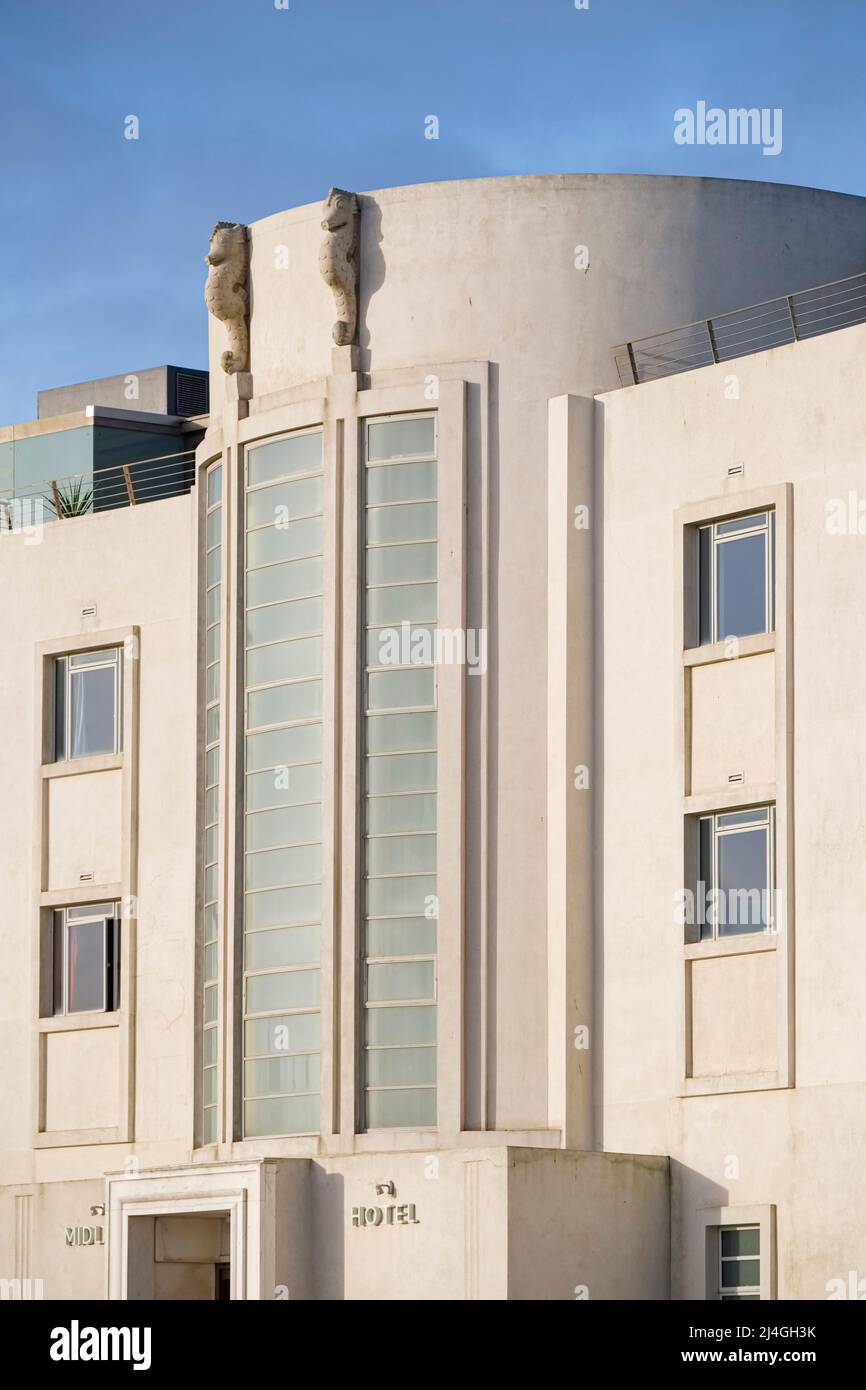 The Midland Hotel, built in 1933 in the Streamline Moderne style popular in the decade, Morecambe, Lancashire, England Stock Photo