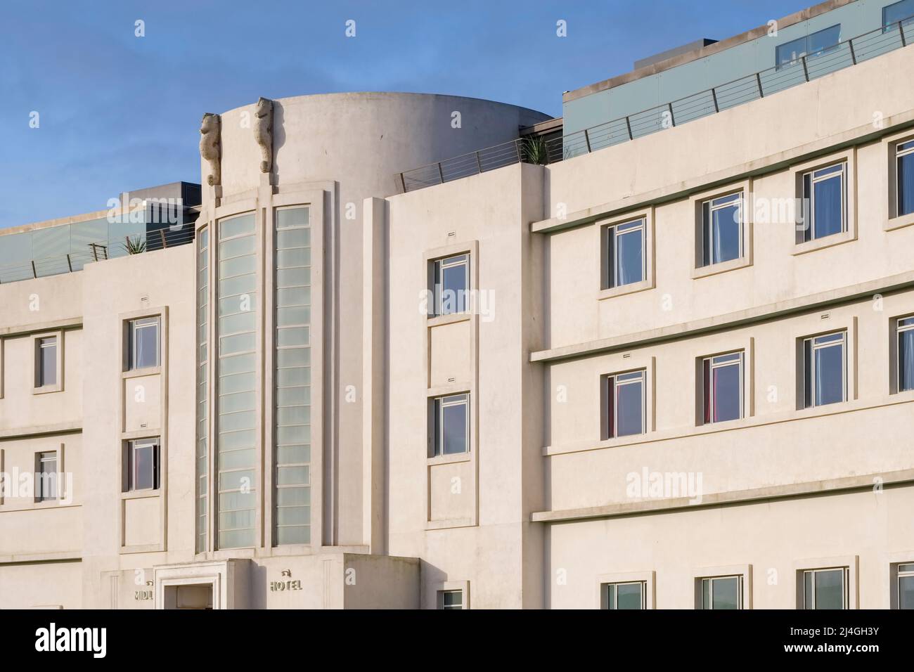 The Midland Hotel, built in 1933 in the Streamline Moderne style popular in the decade, Morecambe, Lancashire, England Stock Photo