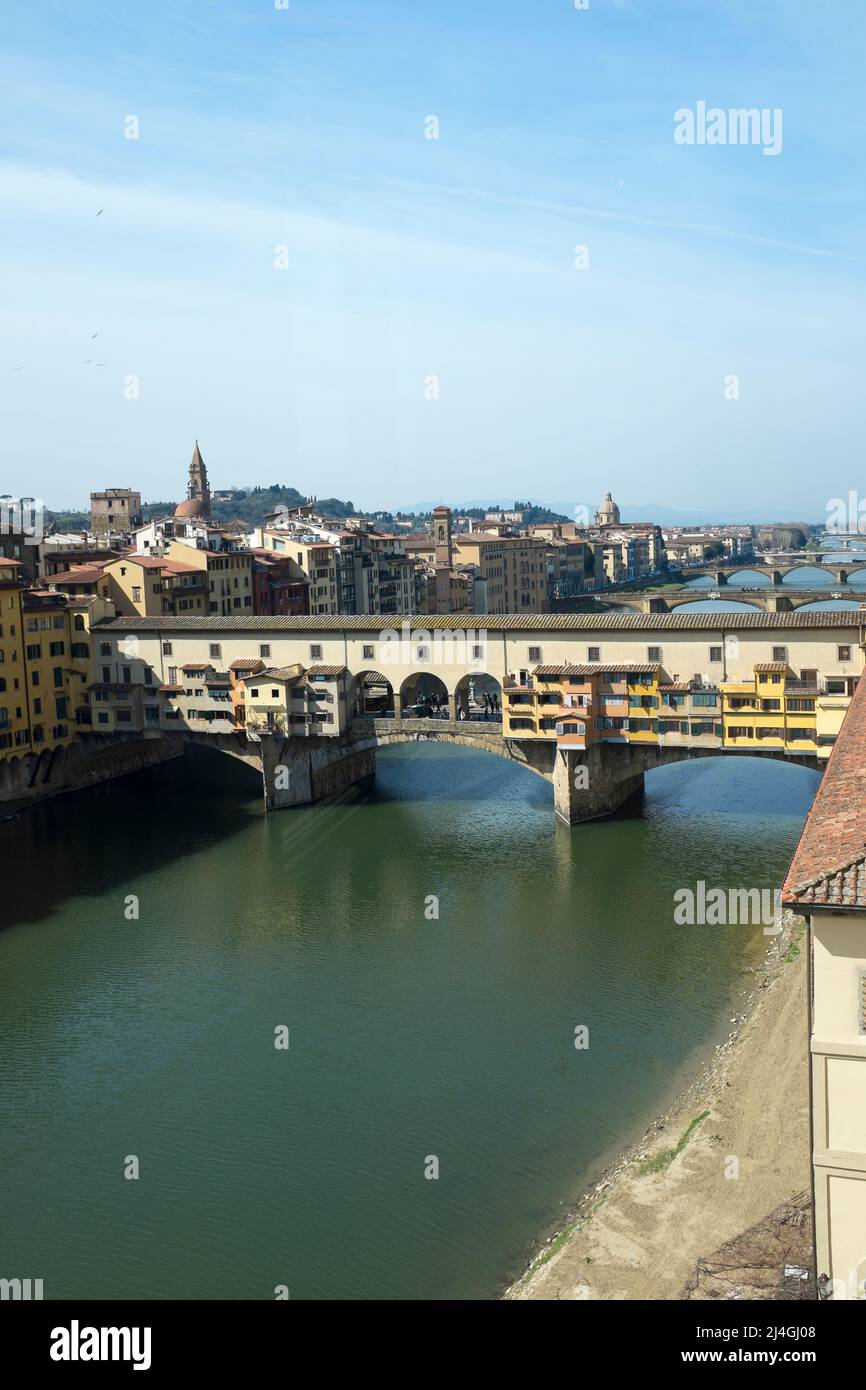 View to the Ponte Vechio from iside the Uffizi Gallery Florence Italy Stock Photo