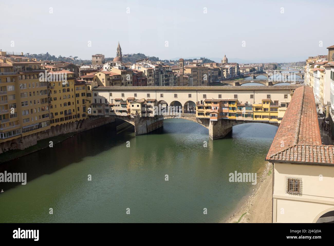 View to the Ponte Vechio from iside the Uffizi Gallery Florence Italy Stock Photo