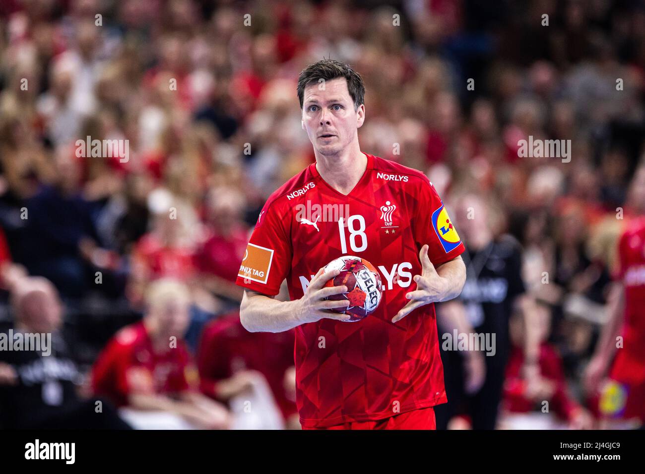 Copenhagen, Denmark. 14th Apr, 2022. Hans Lindberg (18) of Denmark seen during the handball match between Denmark and Poland at Royal Arena in Copenhagen. (Photo Credit: Gonzales Photo/Alamy Live News Stock Photo