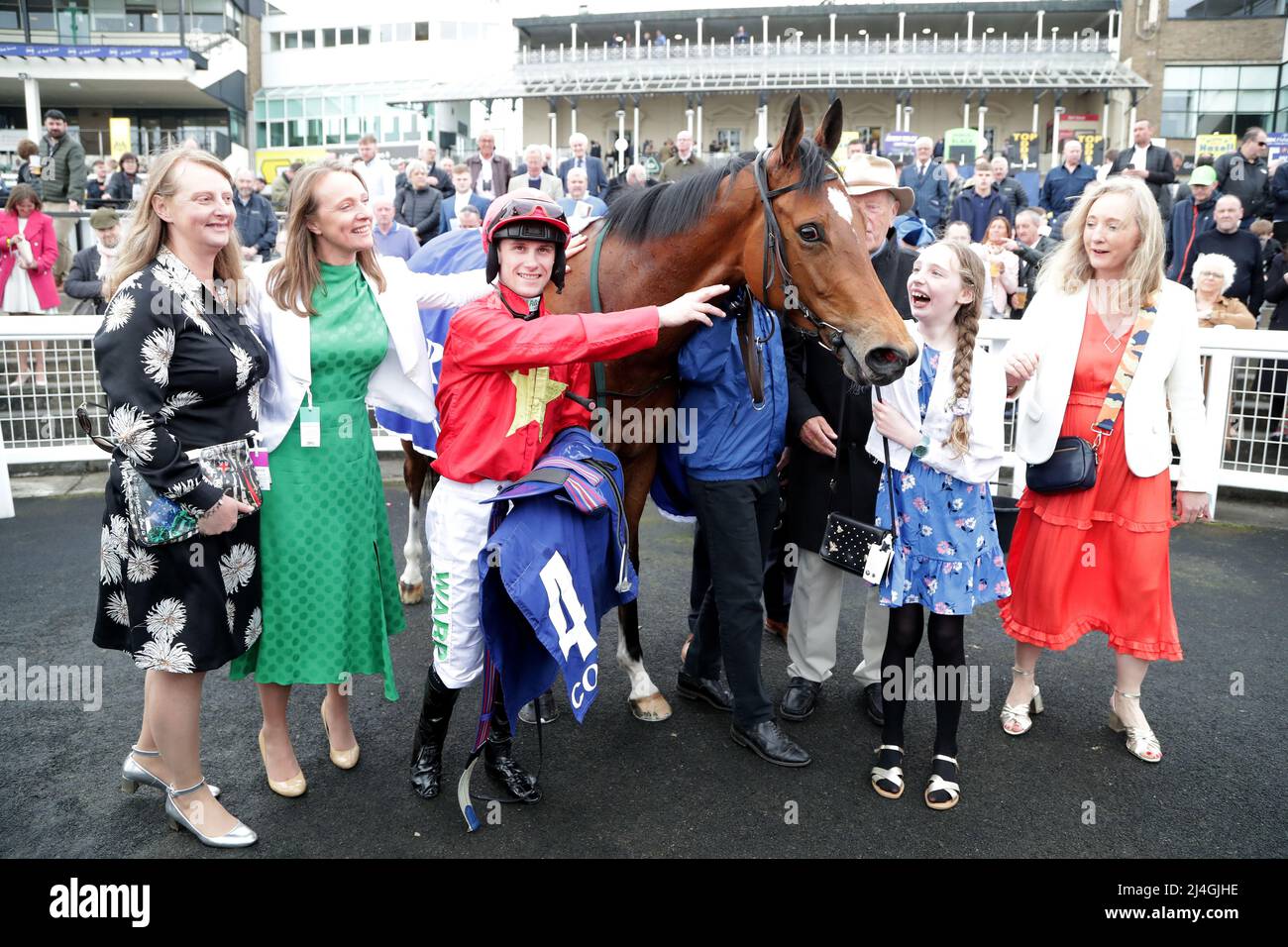 Highfield Princess with Jockey Jason Hart and connections after winning the Coral All-Weather Fillies' And Mares' Championships Conditions during the All Weather Championships Finals Day at Newcastle Racecourse, Newcastle upon Tyne. Picture date: Friday April 15, 2022. Stock Photo