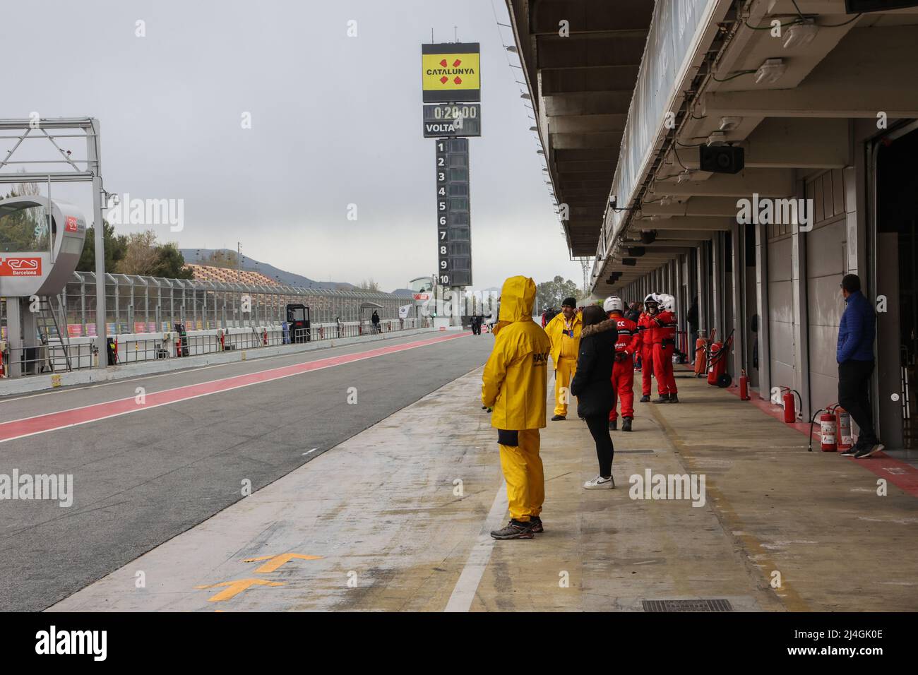 Empty pit lane at Circuit of Catalonia motor racing circuit, Barcelona, Spain Stock Photo