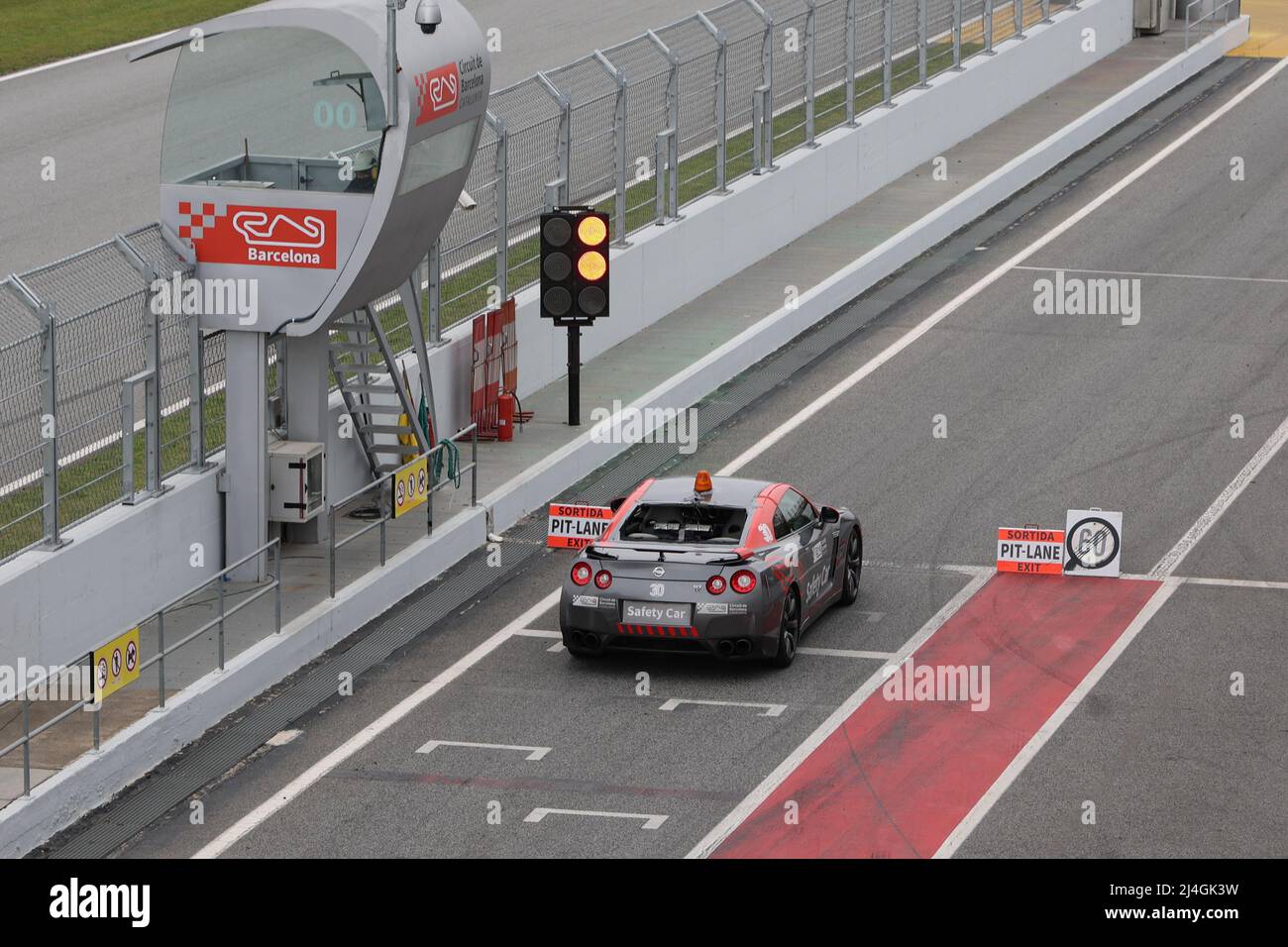 Nissan GT-R safety car waiting in pit lane at Circuit of Catalonia, Barcelona, Spain Stock Photo