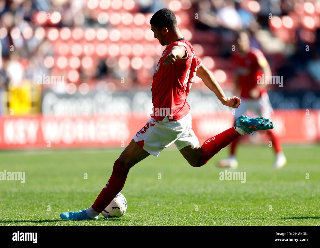 Charlton Athletic's Mason Burstow attempts a shot on goal during the Sky Bet League One match at The Valley, London. Picture date: Friday April 15, 2022. Stock Photo