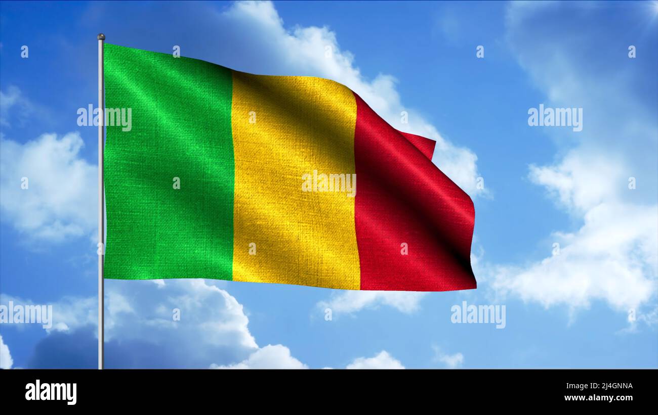 Mali flag waving in the wind, seamless loop. Motion. Yellow, red, and green national rippling