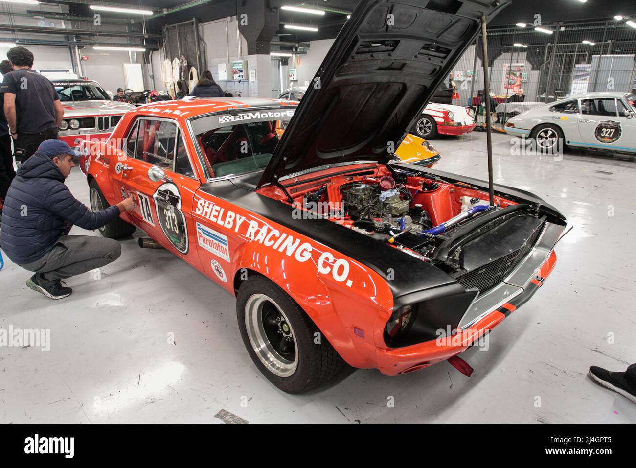 1971 Ford Mustang being prepared for 2022 Masters Historic Racing at Circuit of Catalonia, Barcelona, Spain Stock Photo