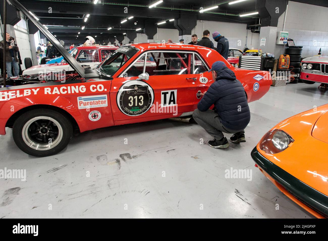 1971 Ford Mustang being prepared for 2022 Masters Historic Racing at Circuit of Catalonia, Barcelona, Spain Stock Photo