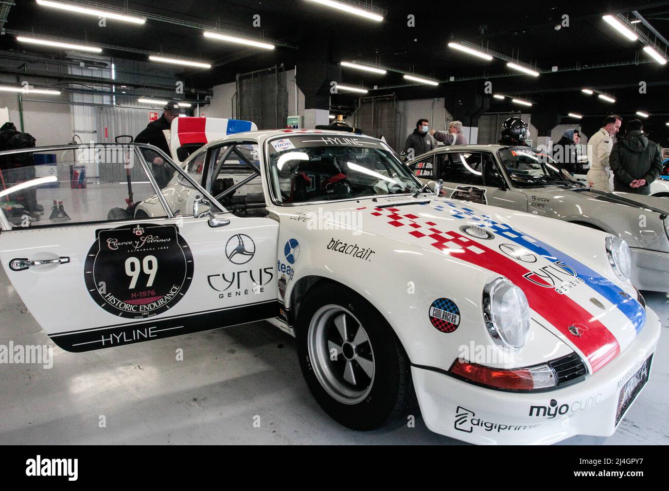Porsche 911 historic racing cars in the pit garage before 2022 Masters Historic Racing at Circuit of Catalonia, Barcelona, Spain Stock Photo