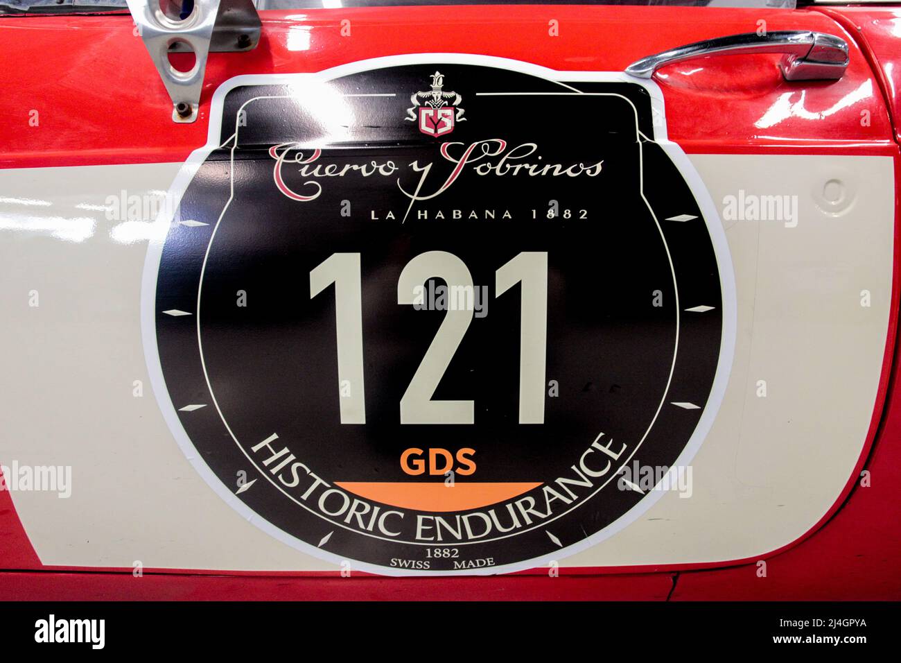 1974 MGB Roadster car race number on the door for the 2022 Masters Historic Endurance Racing at Circuit of Catalonia, Barcelona, Spain Stock Photo