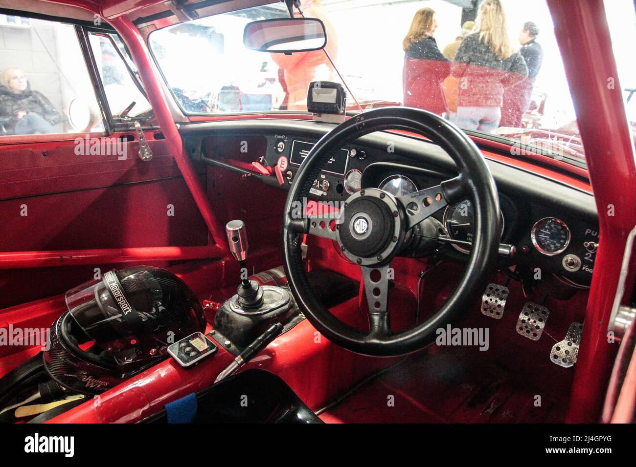 Interior of 1974 MGB Roadster prepared for 2022 Masters Historic Racing at Circuit of Catalonia, Barcelona, Spain Stock Photo