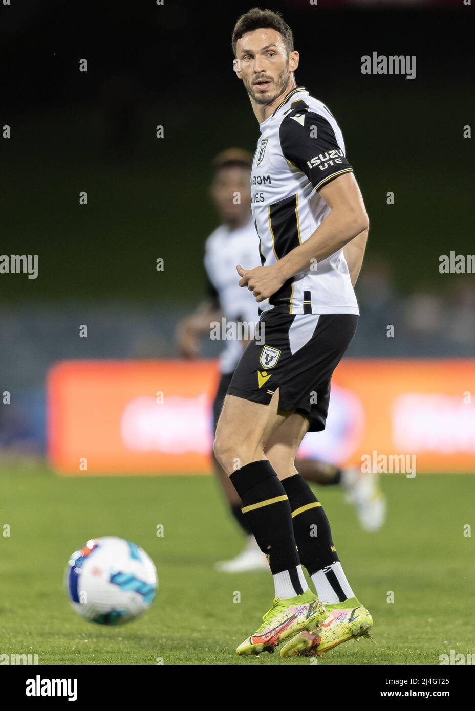 Sydney, Australia. 15th Apr, 2022. Tomi Juric of the Bulls in action during the A-League Mens match between Macarthur FC and Brisbane Roar at Campbelltown Sports Stadium, on April 15, 2022, in Sydney, Australia. Credit: Izhar Ahmed Khan/Alamy Live News/Alamy Live News Stock Photo