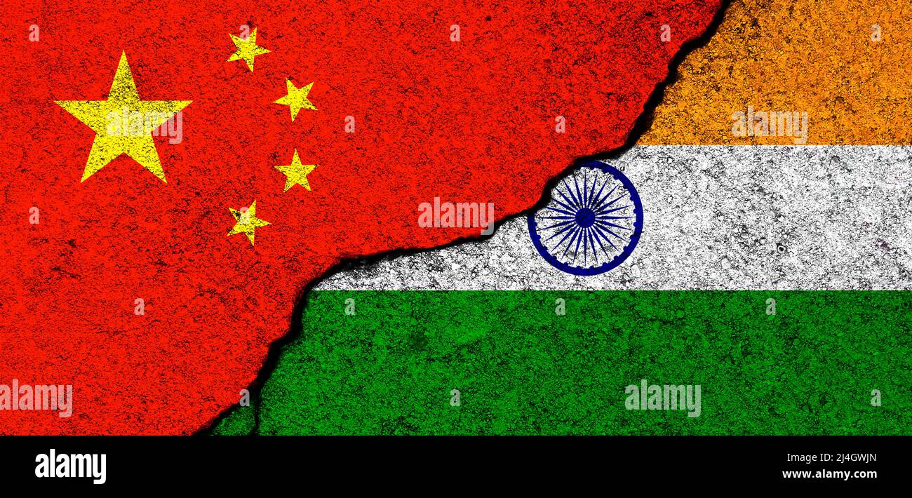 China and India. Flags background. Concept of politics, economy, culture and conflicts, war. Friendships and cooperation. Painted on concrete walls ba Stock Photo