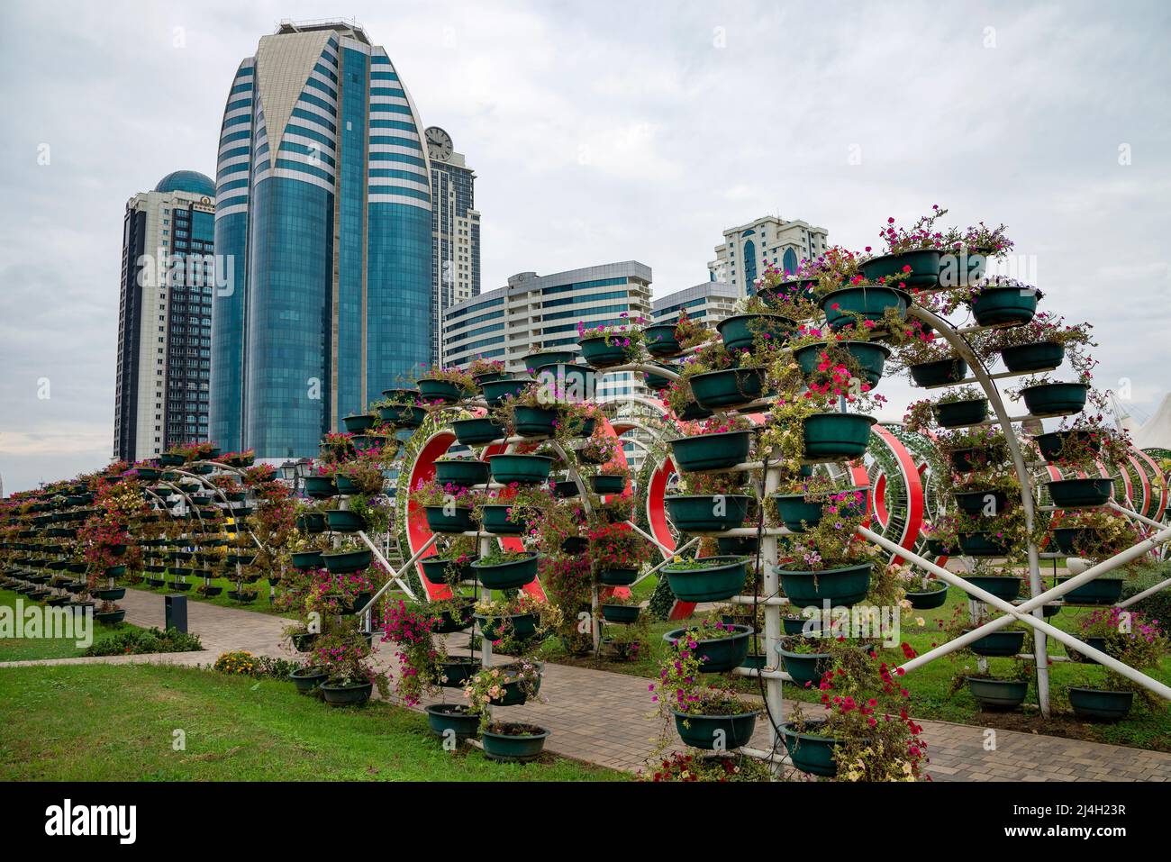 GROZNY, RUSSIA - SEPTEMBER 29, 2021: Flower Park near the residential complex Grozny City. Chechen Republic Stock Photo