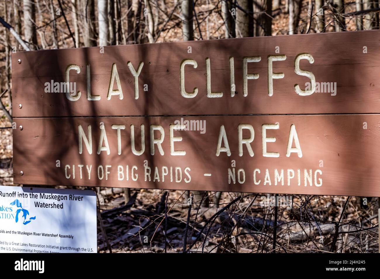 Entrance sign for Clay Cliffs Nature Area in Big Rapids, Michigan, USA Stock Photo