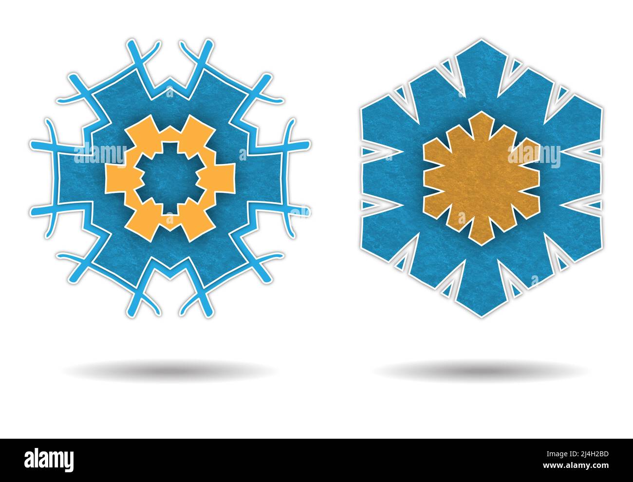 abstract background blue and orange hexagonal snowflakes Stock Photo
