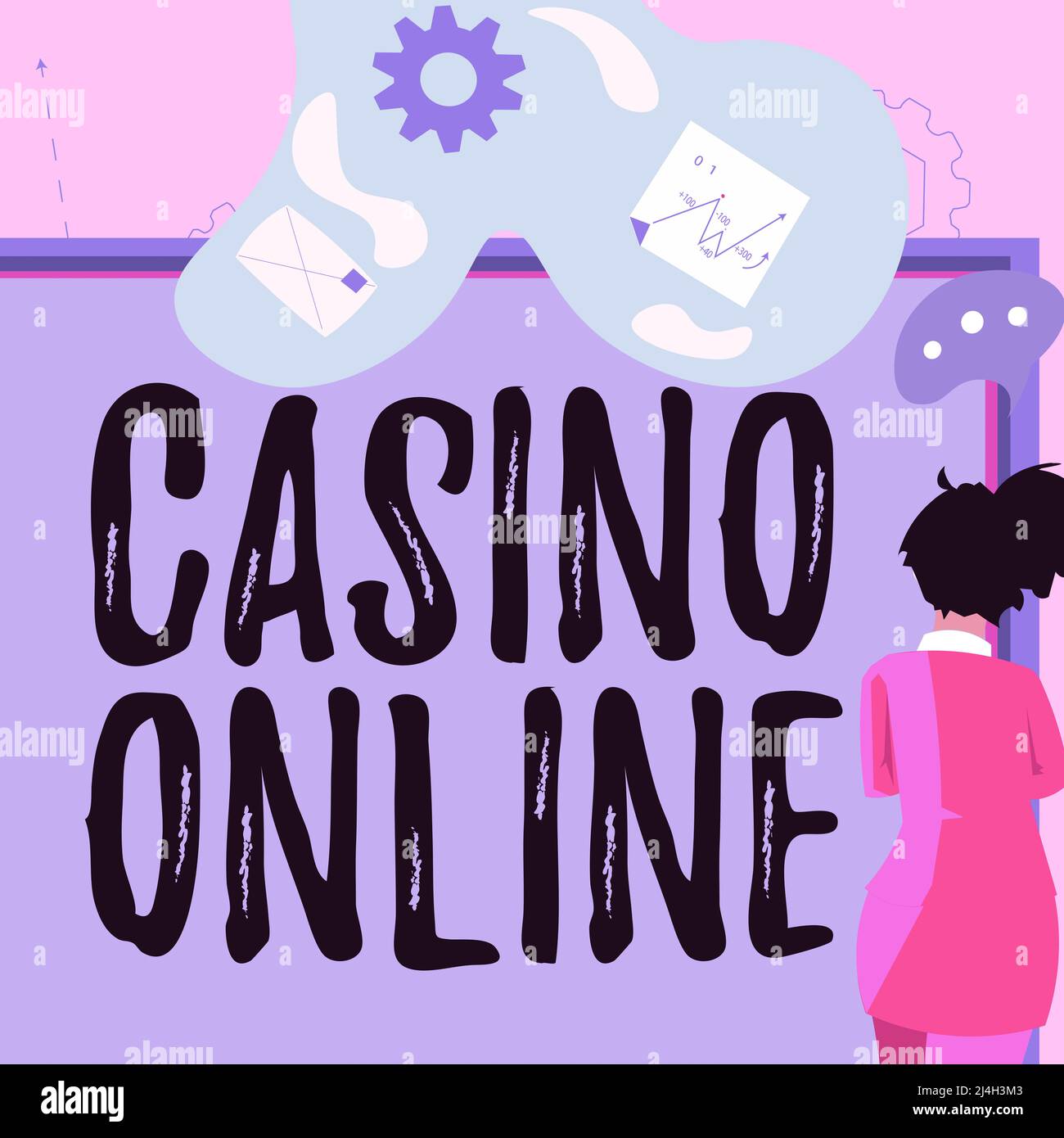 Conceptual display Casino Online. Concept meaning Computer Poker Game Gamble Royal Bet Lotto High Stakes Businesswoman presenting business proposal Stock Photo