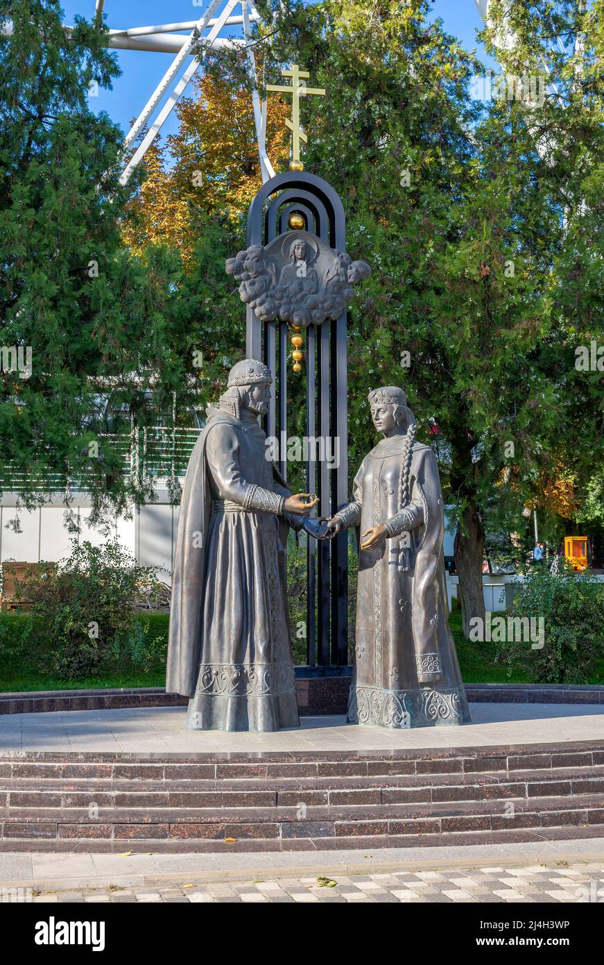 ROSTOV ON DON, RUSSIA - OCTOBER 03, 2021: Monument to Saints Prince Peter and Princess Fevronia Muromsky close-up, Rostov on Don. Russia Stock Photo