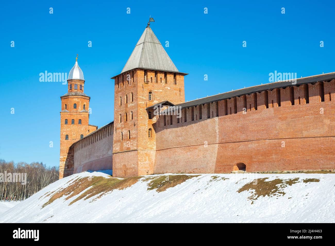 The ancient towers of the Kremlin of Veliky Novgorod on a clear frosty day. Russia Stock Photo
