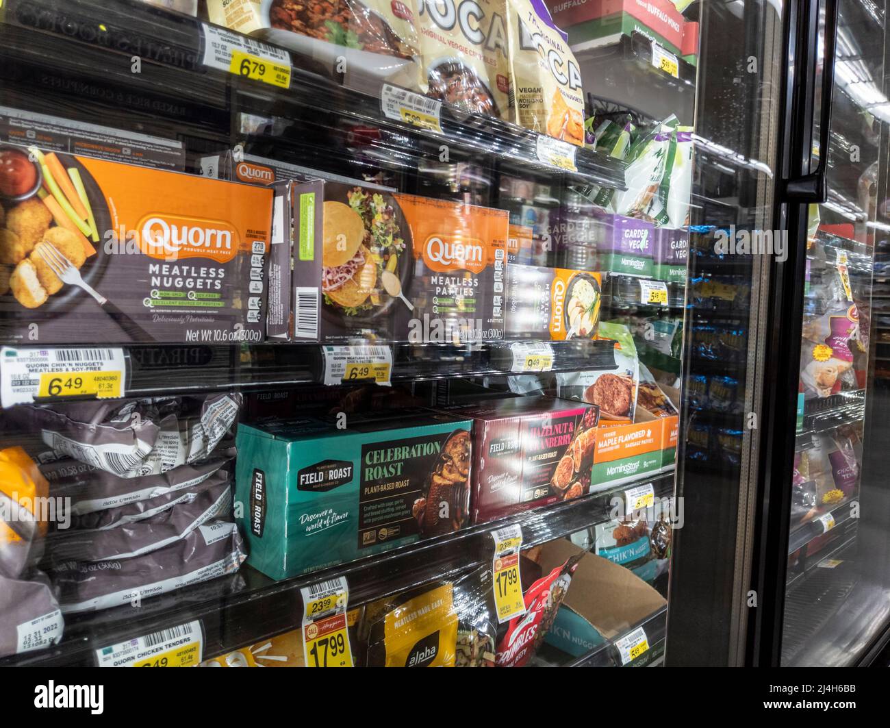 Woodinville, WA USA - circa April 2022: Angled view of vegetarian and vegan meatless products for sale in the freezer aisle of a Haggen grocery store Stock Photo