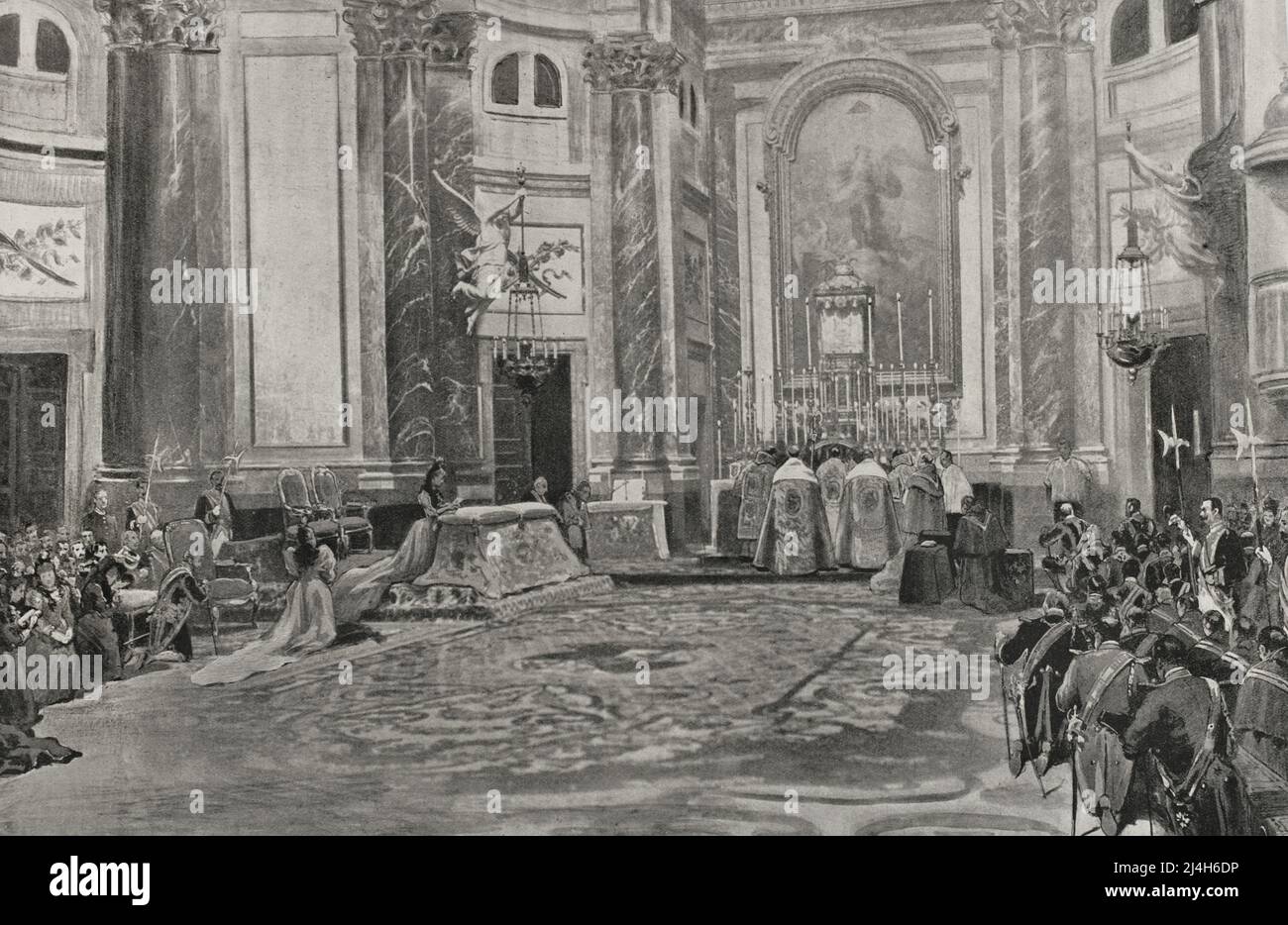 Madrid, Spain. Solemn Te Deum held on 24 January 1898 in the chapel of the Royal Palace, thanksgiving for the pacification of the Philippines (Spanish colonial territory). Illustration by Comba. Photoengraving by Laporta. La Ilustración Española y Americana, 1898. Stock Photo