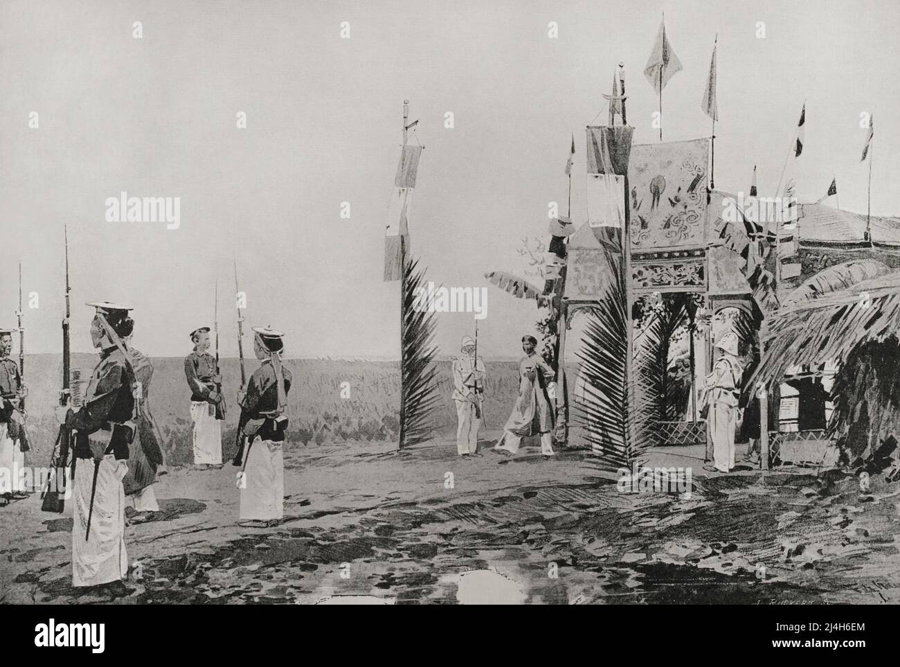 Thanh Thai (ruled 1889-1907). Emperor of Annam (Central Vietnam). Nguyen dynasty. Go Cong (Cochinchina). Visit of the Emperor Thanh Thai to the tombs of his ancestors. Photoengraving. La Ilustración Española y Americana, 1898. Stock Photo
