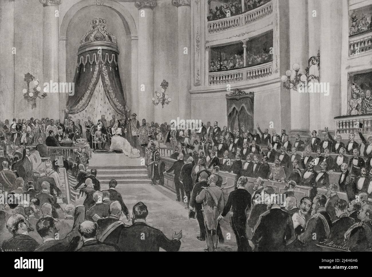 History of Spain. Madrid. Regency of Maria Cristina de Hasburgo-Lorena (1885-1902). The Opening of the Parliament in the Senate (20 April 1898) presided over by the Queen Regent Maria Cristina de Habsburgo-Lorena and her son Alfonso XIII. Ovation for the Queen Regent during the reading of her speech. Photoengraving. La Ilustración Española y Americana, 1898. Stock Photo