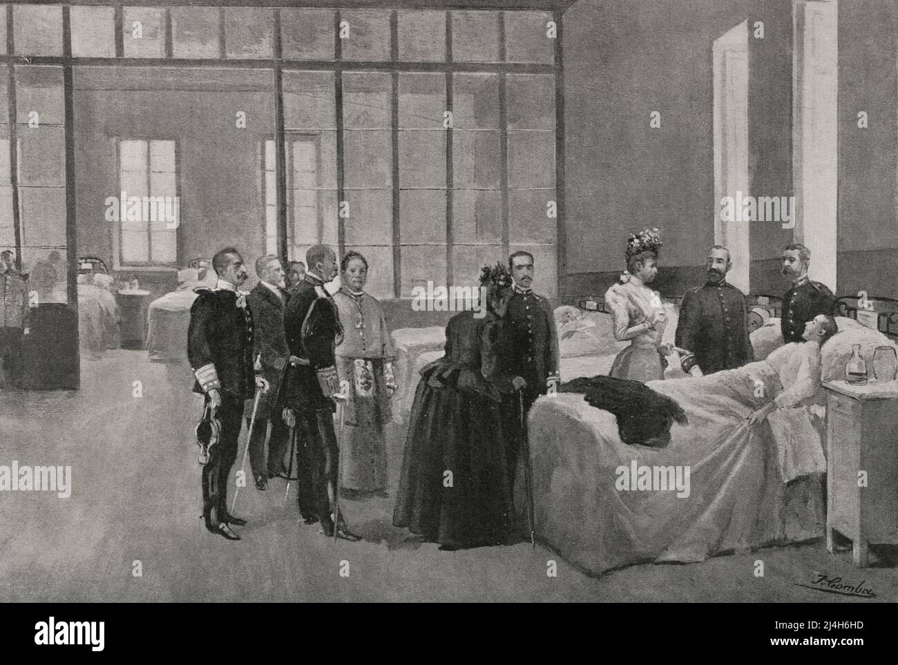 Spanish-American War. War between Spain and the United States in 1898, as a result of the US intervention in the Cuban war of Independence. Madrid, Spain. Queen Regent Maria Christina of Habsburg-Lorraine visiting repatriated wounded soldiers at the Hospital del Buen Suceso. Illustration by Comba. Photoengraving by Laporta. La Ilustración Española y Americana, 1898. Stock Photo