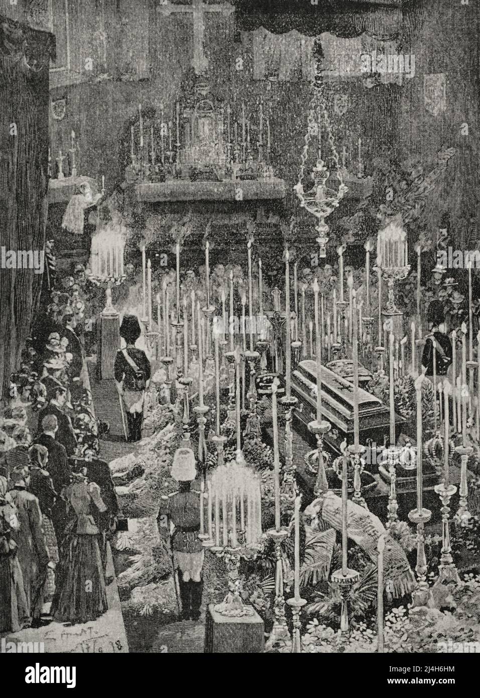 Vienna, Austria. Funerals of Empress Elisabeth (1837-1898). Empress consort of Austria (1854-1898). The people visiting Elisabeth's corpse in the chapel of the Hofburg Imperial Palace, 16 September 1898. Elisabeth was assassinated by an Italian anarchist, Luigi Lucheni, while walking along Lake Leman in Geneva. Photoengraving. La Ilustración Española y Americana, 1898. Stock Photo