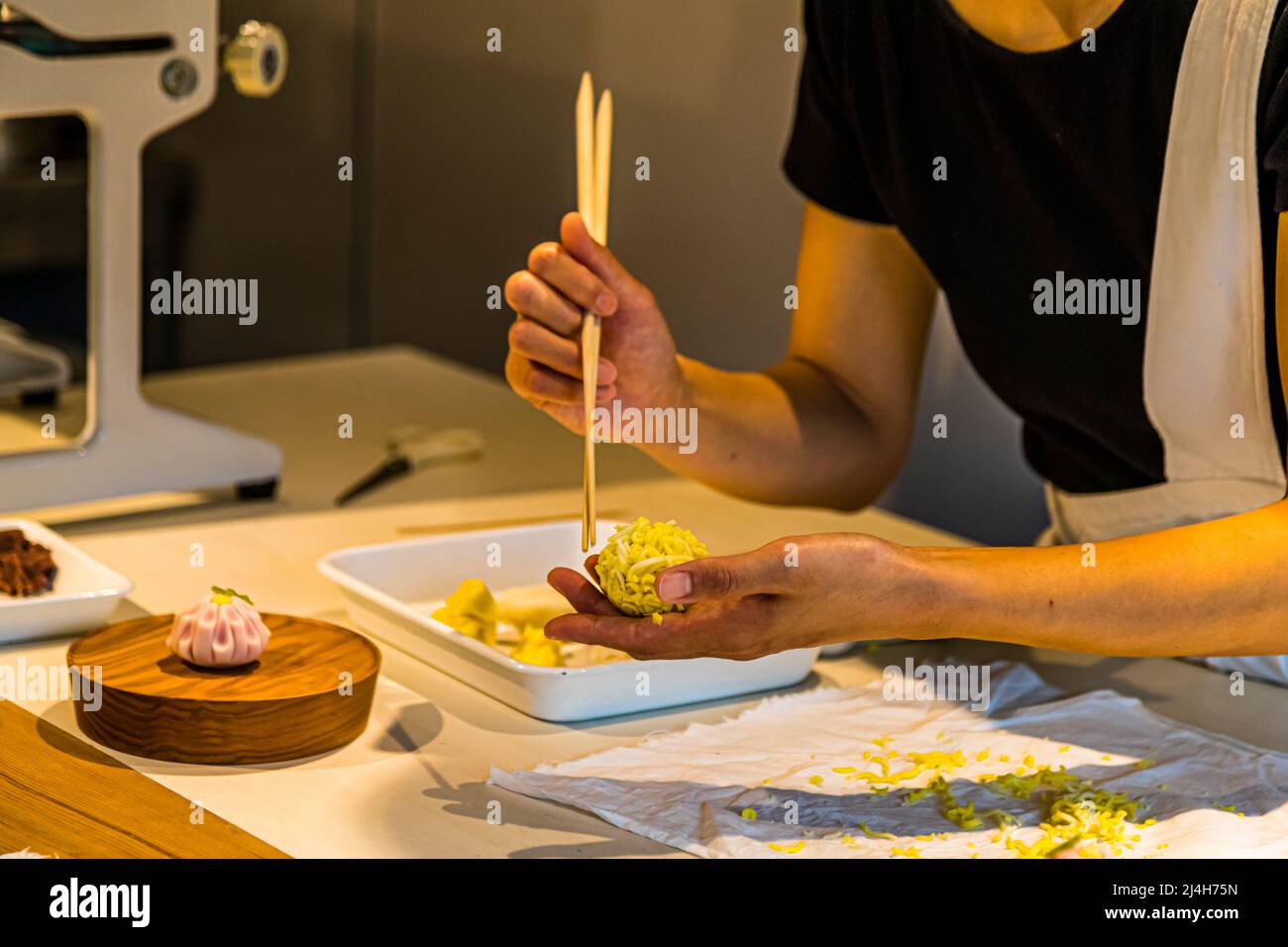 Preparation of moon viewing tsukimi, traditional Japanese sweets eaten every year on the occasion of the full moon in autumn and decorated with a rabbit. Izu, Japan Stock Photo