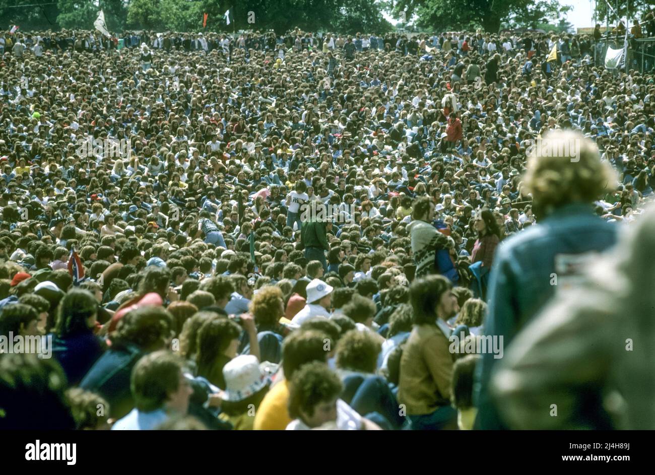 Archive photograph of the crowd at the Knebworth Festival 1978. Scan of