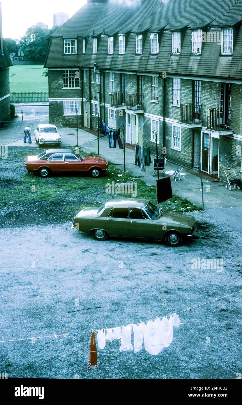 Archive photograph of the courtyard of The Moorings housing association flats in Newham, prior to rehabilitation.  Scan of original film from July 1978. Stock Photo