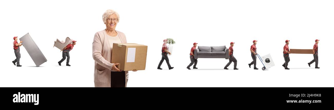 https://c8.alamy.com/comp/2J4H9K8/elderly-woman-holding-a-cardboard-boxe-and-movers-carrying-household-items-isolated-on-white-background-2J4H9K8.jpg