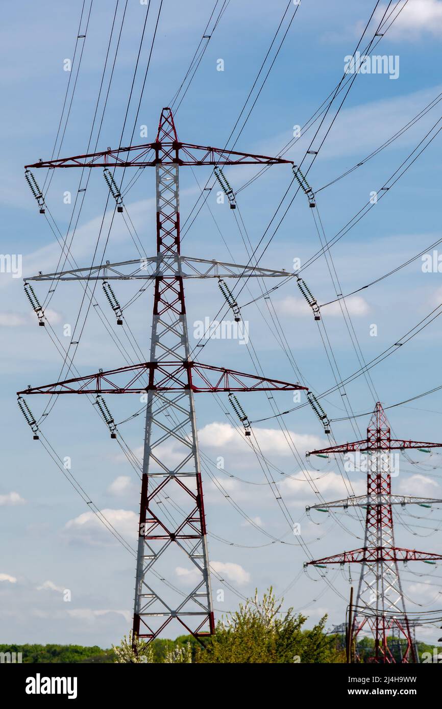 Metal pylons carrying overhead electric cables of high voltage lines