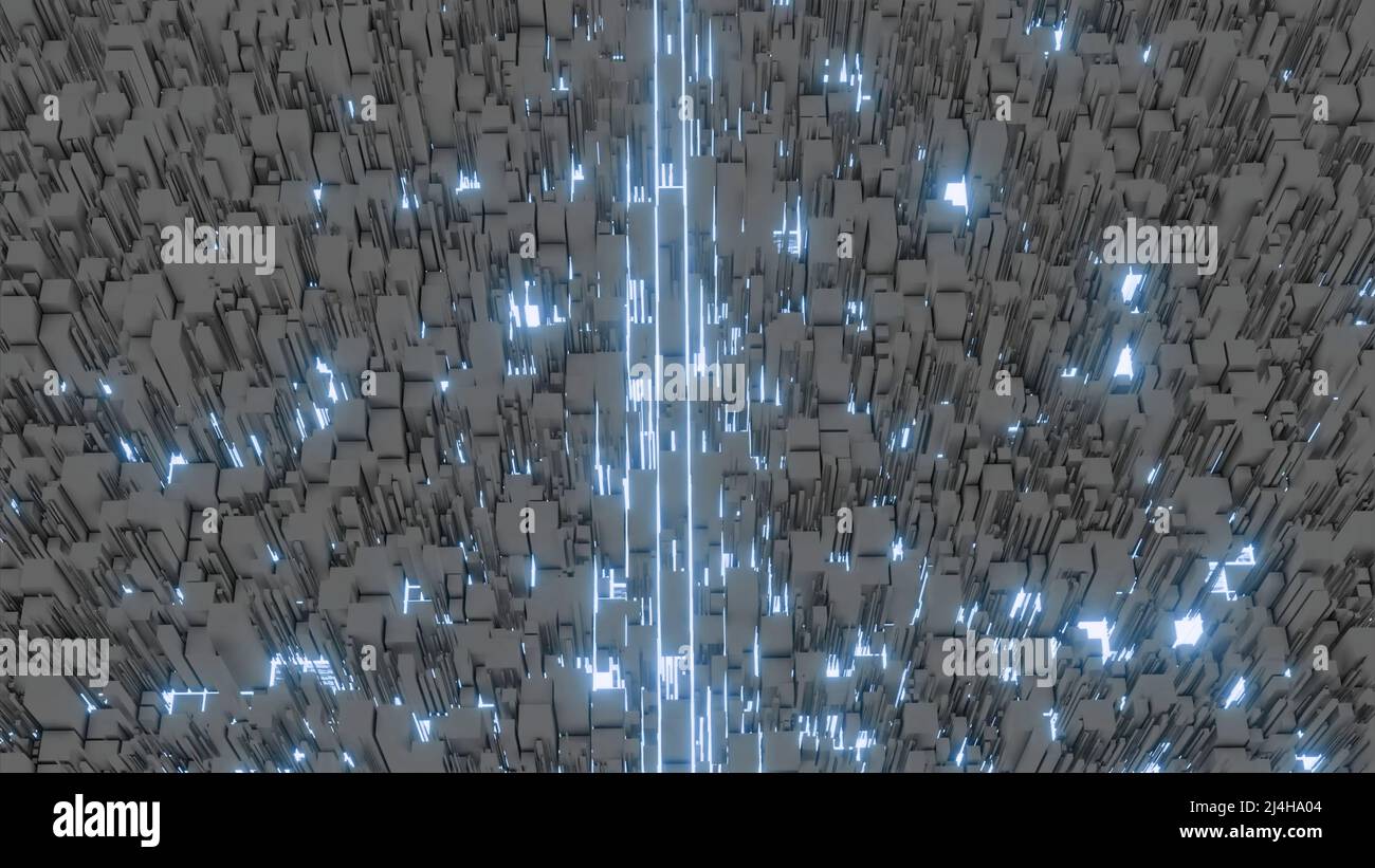 Aerial top view of an abstract layout of the city with moving neon ...