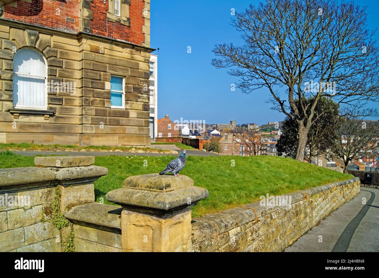 UK, North Yorkshire, Scarborough Town Hall Looking Towards Old Town and Scarborough Castle. Stock Photo