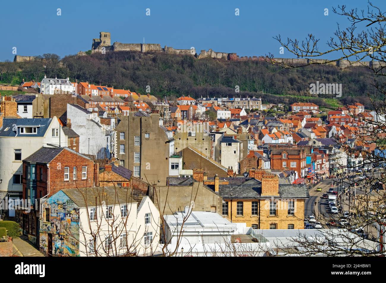 UK, North Yorkshire, View of Old Town and Scarborough Castle from St
