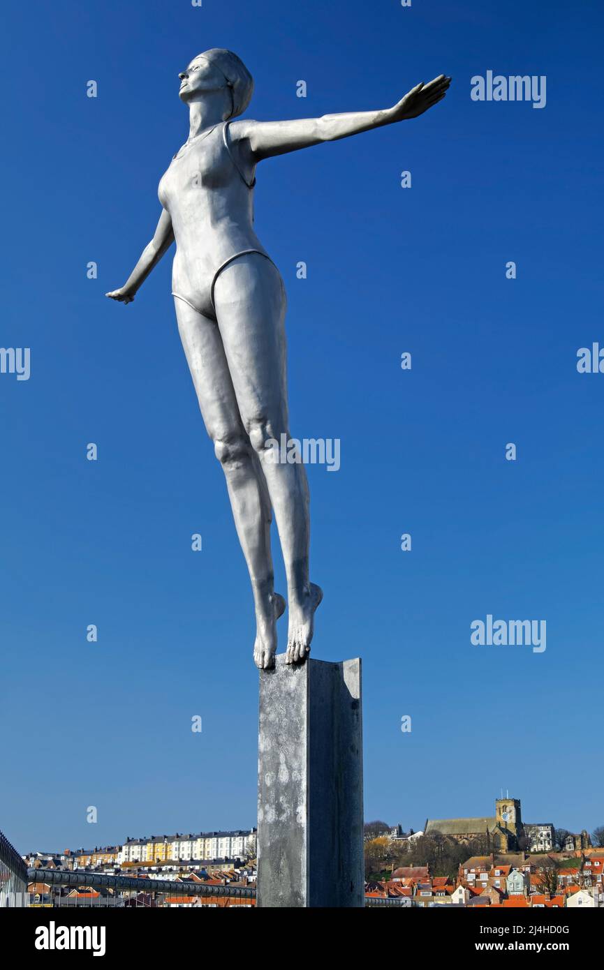 UK, North Yorkshire, Scarborough, Diving Belle Statue on Vincent Pier. Stock Photo