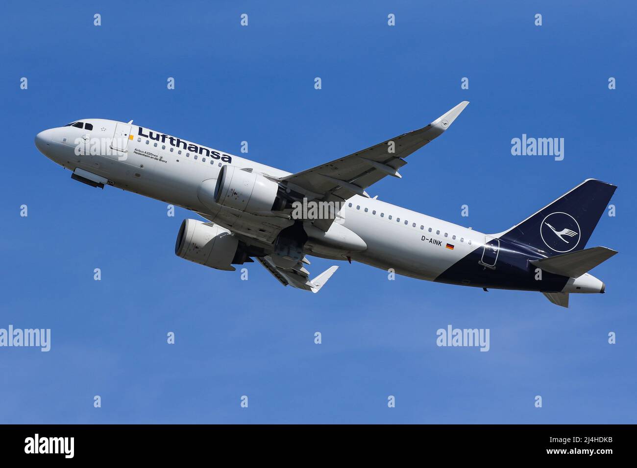 An Airbus A320 NEO operated by Lufthansa departs from London Heathrow Airport Stock Photo