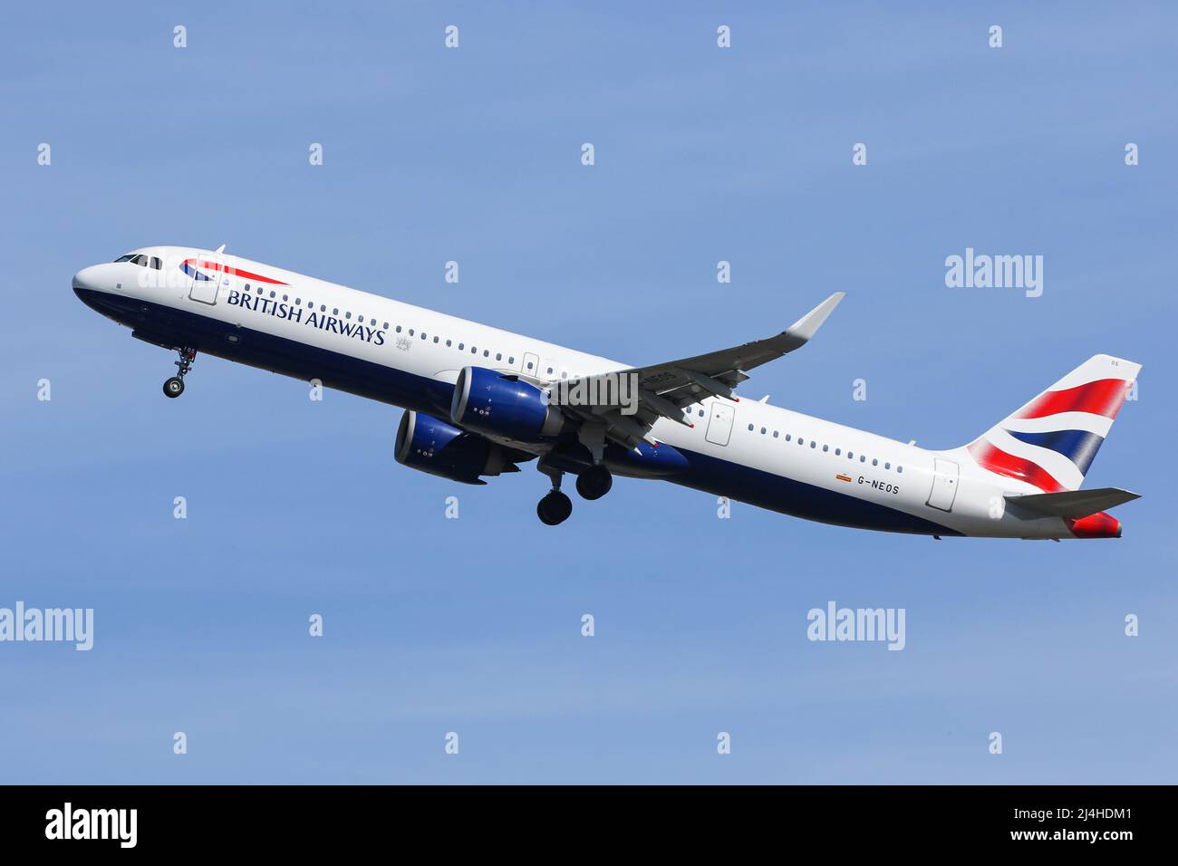 An Airbus A321 NEO operated by British Airways departs from London Heathrow Airport Stock Photo