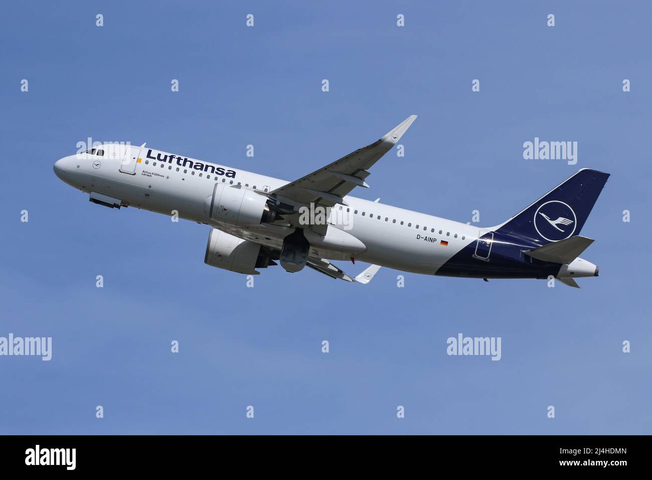 An Airbus A320 NEO operated by Lufthansa departs from London Heathrow Airport Stock Photo