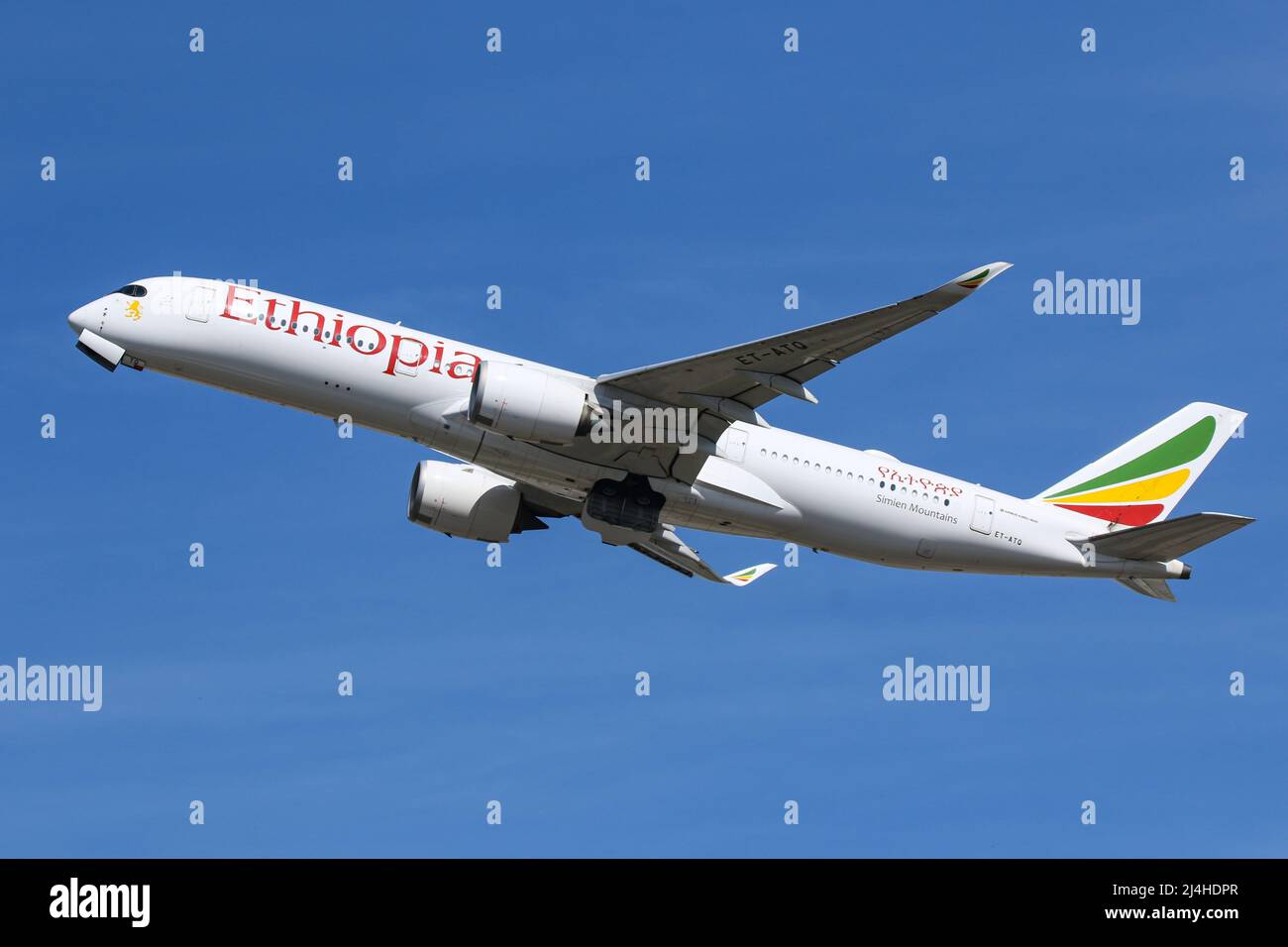 An Airbus A350 operated by Ethiopian Airlines departs from London Heathrow Airport Stock Photo