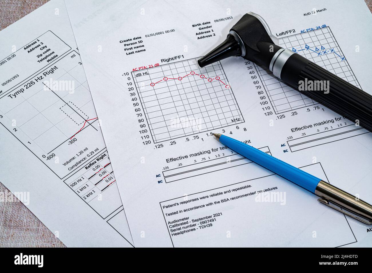 An audiologists Otoscope placed on an Audiogram following a hearing test Stock Photo