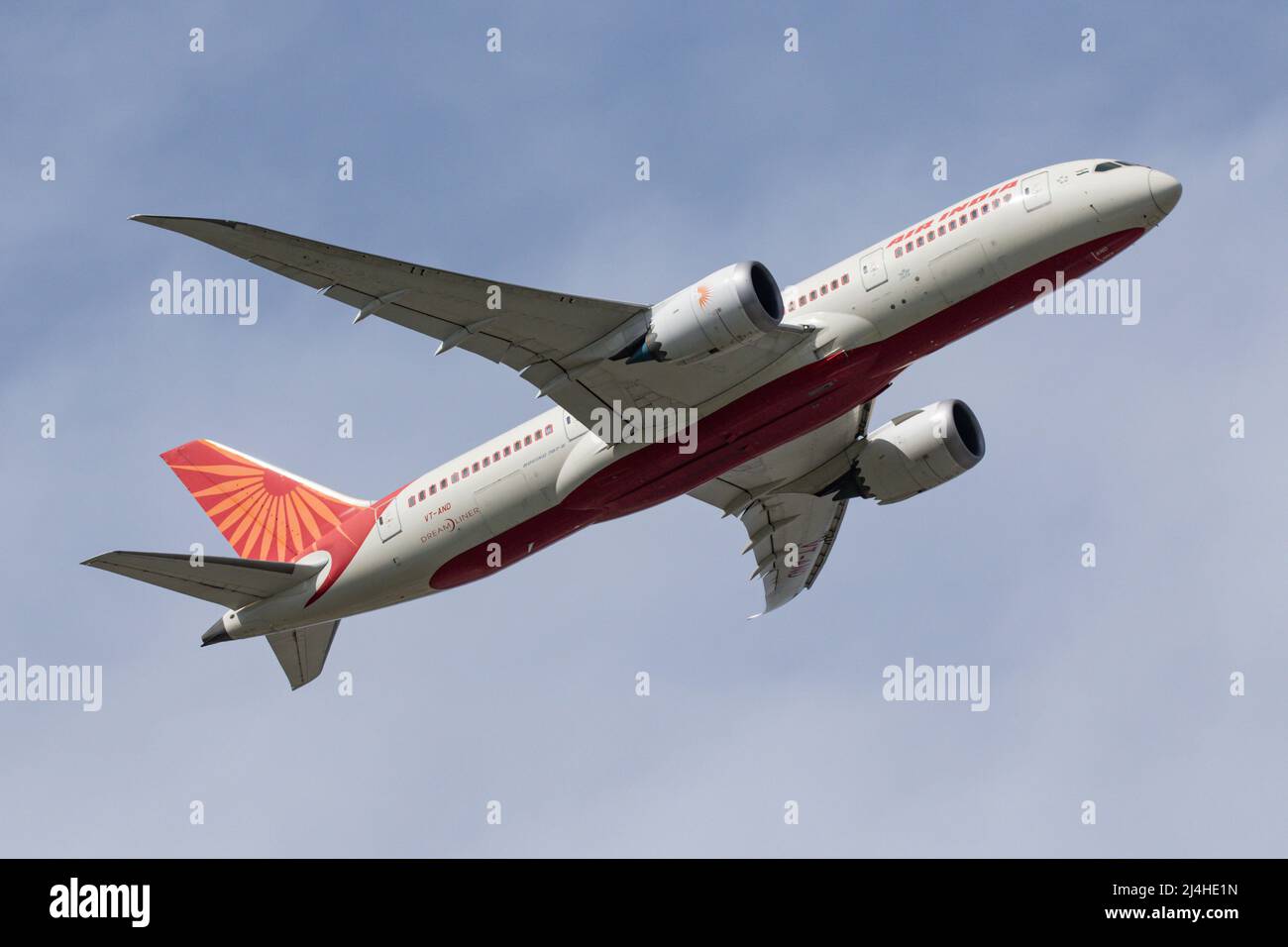 A Boeing 787 operated by Air India departs from London Heathrow Airport Stock Photo