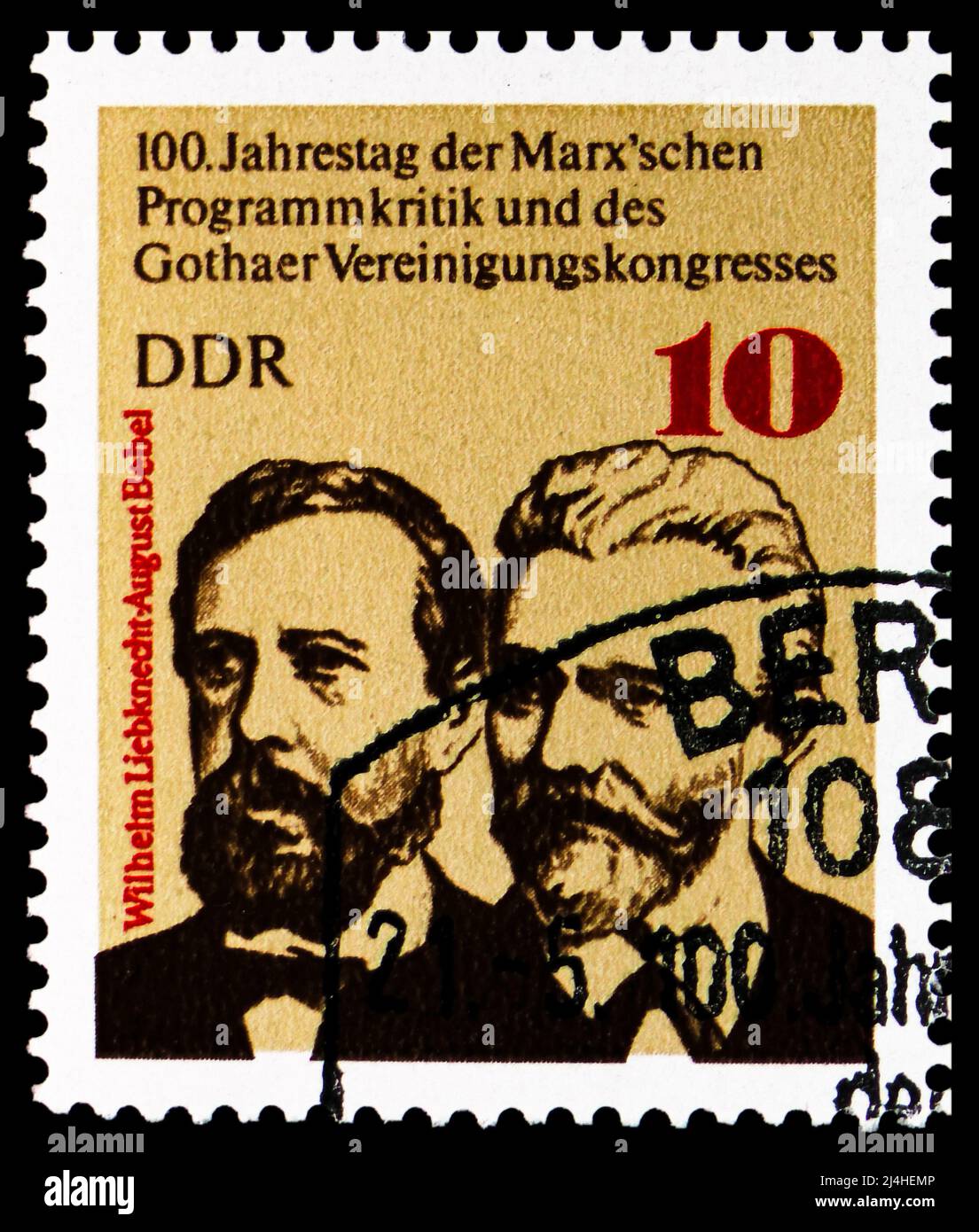MOSCOW, RUSSIA - MARCH 27, 2022: Postage stamp printed in Germany shows Wilhelm Liebknecht and August Bebel, Marxschen Program Criticism serie, circa Stock Photo